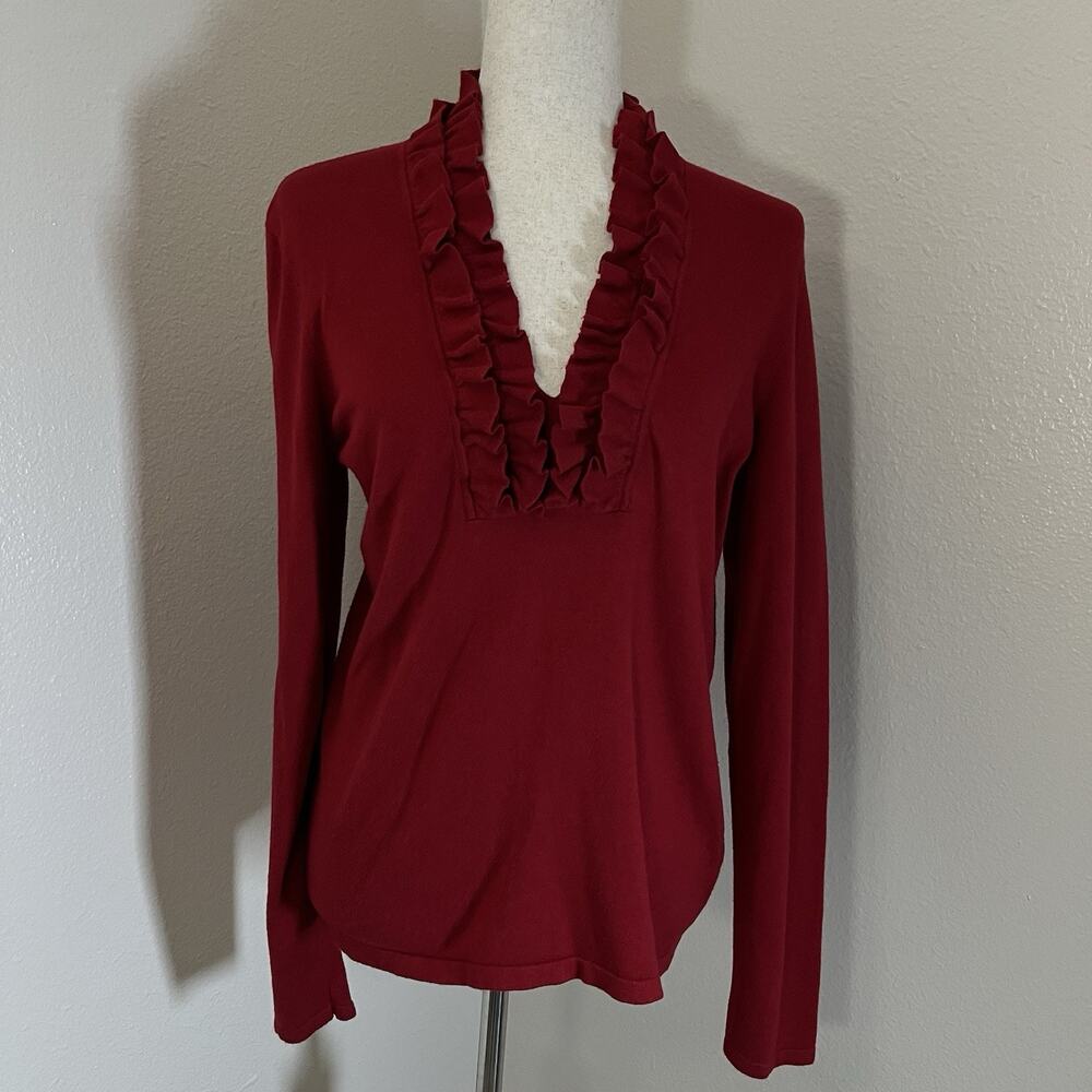 LRL Ralph Lauren Silk Blend Pullover Sweater Women’s L Red Ruffled V Neck